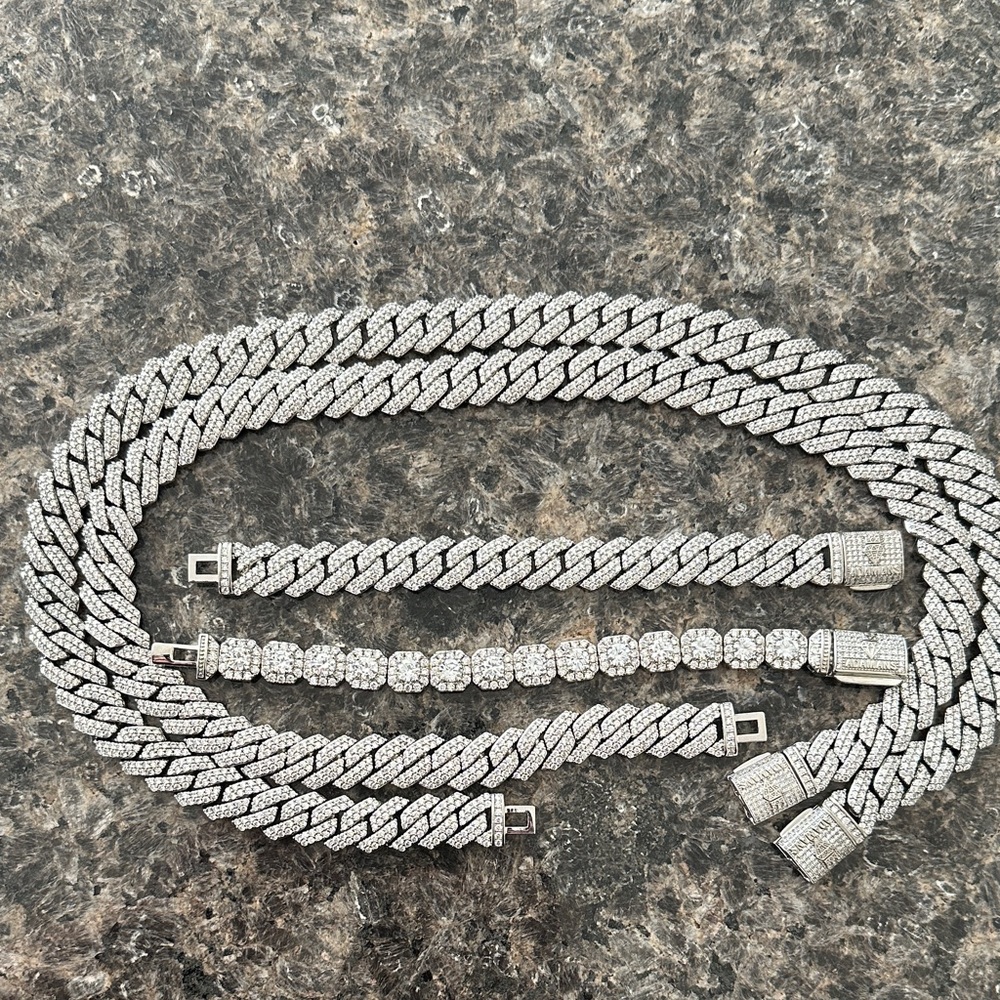 Men's Silver-Tone Iced Cuban Chain Necklace and Bracelet Set